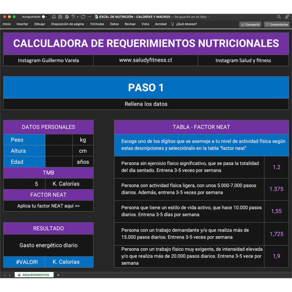Excel básico de Nutrición - Para calcular Calorías y Macronutrientes - Imagen 2